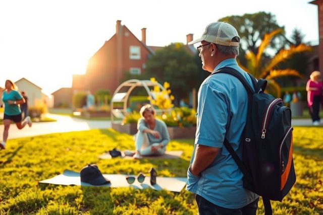 The image depicts a man standing in the sun, wearing a backpack. He appears to be watching other people engaged in various activities in a park-like environment with green grass and trees. 