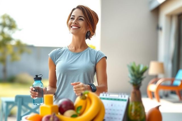A woman is outside smiling and holding a water bottle. She is wearing a grey athletic outfit, standing near an assortment of fruits and a chair. The environment includes trees in the background.