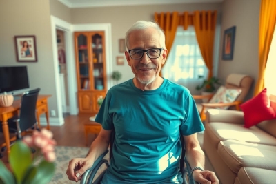 The image features an elderly man in a wheelchair. He is seated indoors, facing the camera with a slight smile on his face. The room has a cozy ambiance with a couch and books visible behind him.