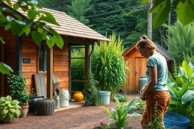 The image features a person tending to plants in a garden setting. The individual is wearing casual clothes and seems to be engaged in the act of planting or caring for vegetation.