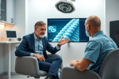 Two men in a modern office setting. One wears a suit, the other a blue shirt. A screen displays a blue anatomical image. Professional consultation or medical discussion likely.