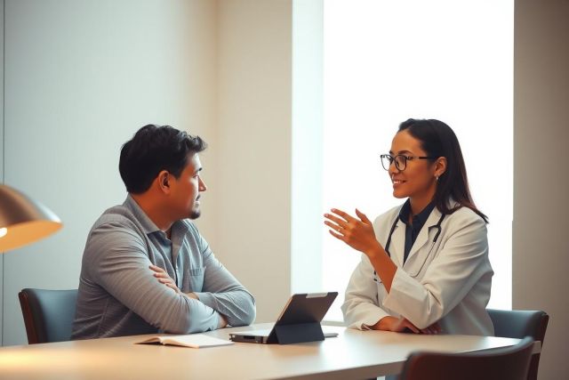 Doctor consults with a patient in a modern office setting. The image shows a healthcare professional in a white coat speaking with a man, suggesting a medical discussion or appointment. Bright and professional environment.