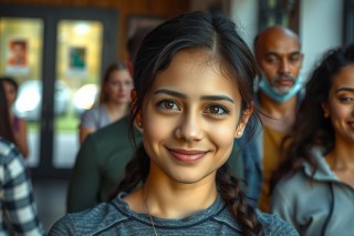 This image features a young woman in the center, with others looking on. She has a light complexion and is wearing her hair styled up. The setting appears to be indoors, possibly at an event or gathering.