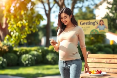 The image shows a pregnant woman sitting outdoors on a bench, smiling and looking at her cell phone. She is wearing a beige top and blue jeans. The environment appears to be a sunny day with green trees in the background, suggesting a park or similar public space.