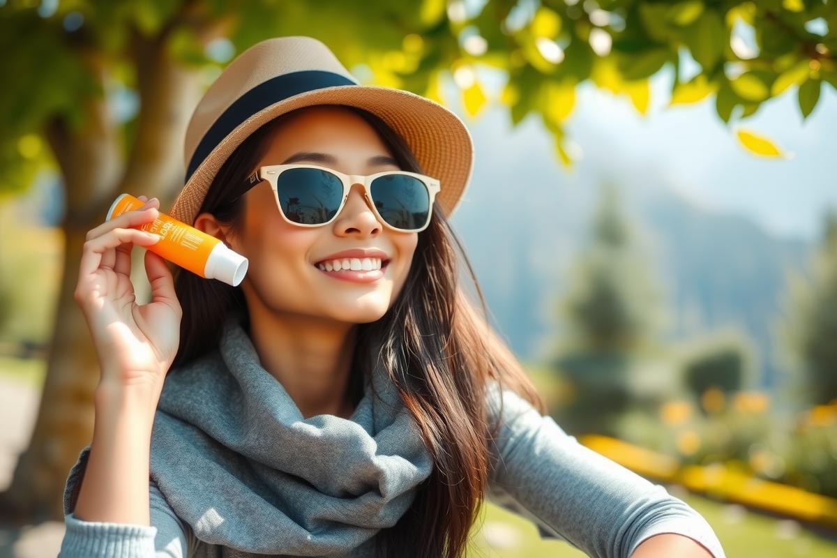 The image features a young woman outdoors, enjoying the sunny weather. She is wearing sunglasses and holding what appears to be a tube of sunscreen in her right hand. Her expression is happy and relaxed.