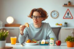 The image shows a woman sitting at a dining table. She appears to be enjoying a meal, which consists of fresh fruits and vegetables. The setting seems to be a modern kitchen or dining area with white walls and various small plants.