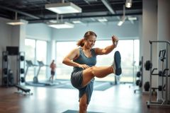 Woman stretching in a modern gym. Fitness workout scene with gray and white tones. Active lifestyle, exercise, and healthy living concept. Visible gym equipment and natural light create a bright, motivational atmosphere.