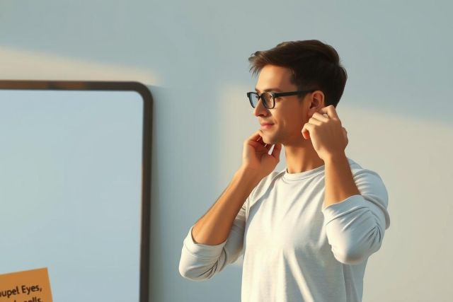 Man in a white shirt adjusting eyeglasses, with reflections of an office environment on mirrored surfaces, creating a modern, tech-focused atmosphere.
