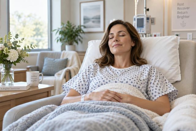 Patient resting in clinic recliner after procedure, calm recovery setting with monitoring equipment.