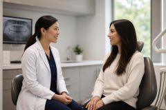 Dentist consults smiling patient in dental chair with X-ray on screen behind.