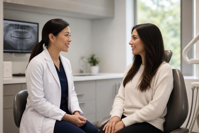Dentist consults smiling patient in dental chair with X-ray on screen behind.