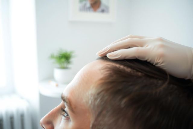 Medical examination: a doctor in gloves examines a patient's head. Healthcare setting, close-up shot, professional consultation, wellness check, dermatology.
