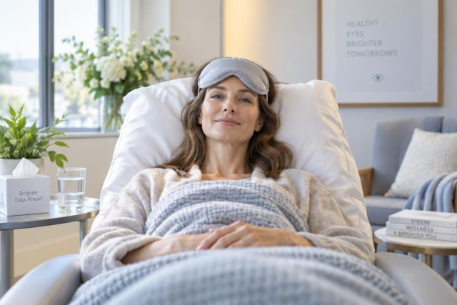 Relaxing post-LASIK patient reclining in clinic chair with eye mask during recovery.