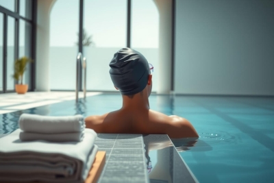Woman relaxing in a luxurious indoor pool, viewed from behind. Blue tile, serene atmosphere, wellness, spa, and tranquility. A stack of white towels sits nearby.