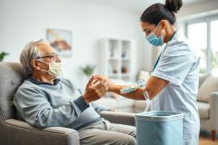 Healthcare worker assisting an elderly man with an IV drip in a bright, modern home setting. Both wear masks, emphasizing care and safety. Image depicts senior care, home health, and medical assistance with a focus on well-being and comfort.