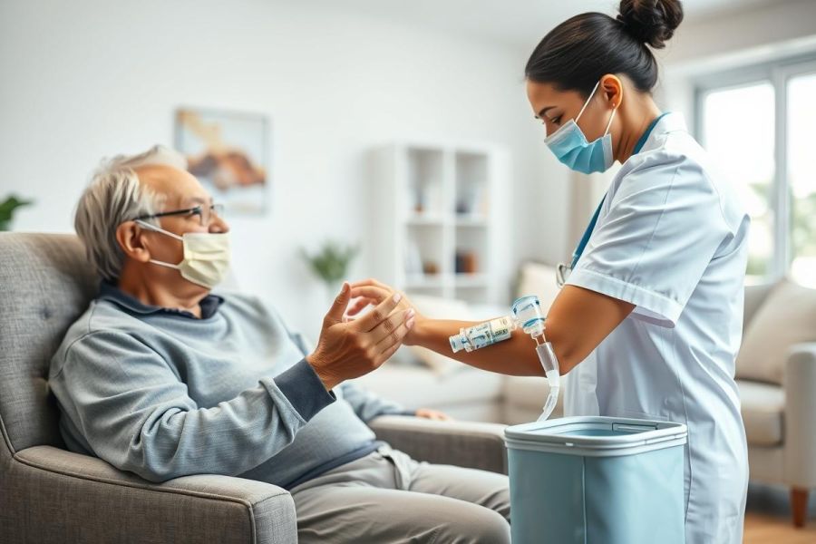 Healthcare worker assisting an elderly man with an IV drip in a bright, modern home setting. Both wear masks, emphasizing care and safety. Image depicts senior care, home health, and medical assistance with a focus on well-being and comfort.