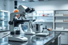 Laboratory scene featuring a modern microscope on a workbench. A scientist in a lab coat works in the background. The image showcases scientific research, biology, and a clean, bright laboratory environment with white and gray tones.