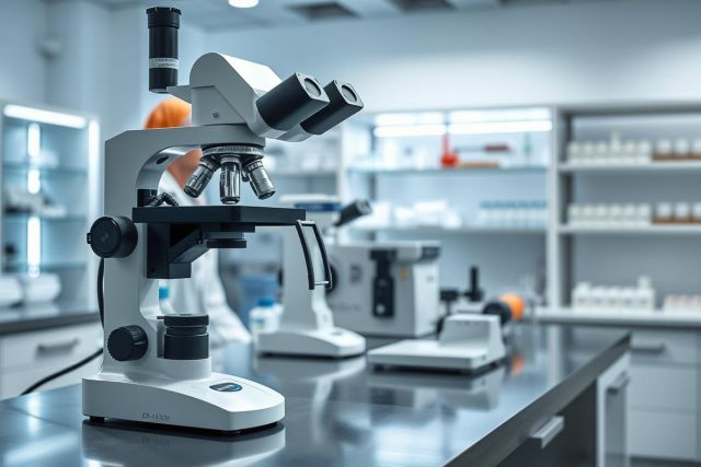 Laboratory scene featuring a modern microscope on a workbench. A scientist in a lab coat works in the background. The image showcases scientific research, biology, and a clean, bright laboratory environment with white and gray tones.