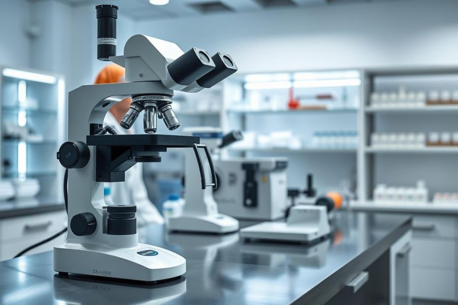 Laboratory scene featuring a modern microscope on a workbench. A scientist in a lab coat works in the background. The image showcases scientific research, biology, and a clean, bright laboratory environment with white and gray tones.