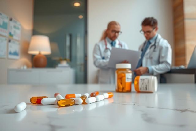 Pills and medication on a lab table. Two doctors are in the background reviewing data, possibly discussing pharmaceutical research or treatment plans. Focus on healthcare, research, and prescription drugs.