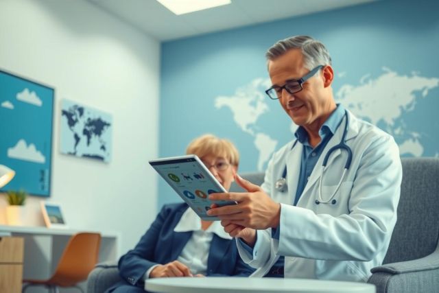Doctor reviewing patient data on a tablet in a clinic setting. Healthcare professional in white coat examines information, showing focus on digital patient records and modern medicine.