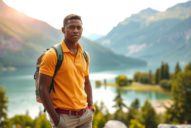 The image depicts a young man standing on a scenic mountain overlooking a lake. He is wearing a yellow shirt and has a backpack, suggesting he might be on an outdoor adventure or hike. The environment is serene with lush green trees around the lake, conveying a sense of tranquility and connection with nature.