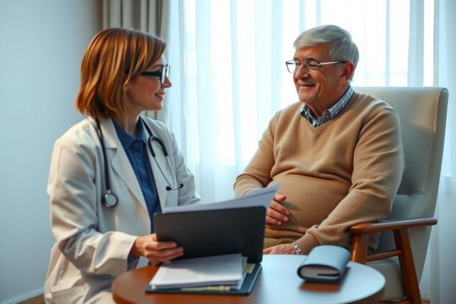 Doctor consults with a senior patient in a medical office. The doctor holds a tablet, discussing health records. Warm, professional setting.
