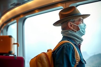 Man wearing mask on train, looking out window. Wearing a hat and scarf, with yellow backpack beside him.