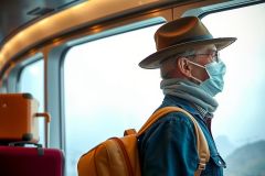Man wearing mask on train, looking out window. Wearing a hat and scarf, with yellow backpack beside him.