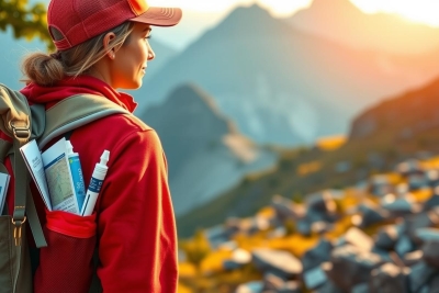 The image portrays a woman hiker on a mountain trail during sunrise. She is equipped with a backpack containing gear, suggesting she's on an adventure or hike.