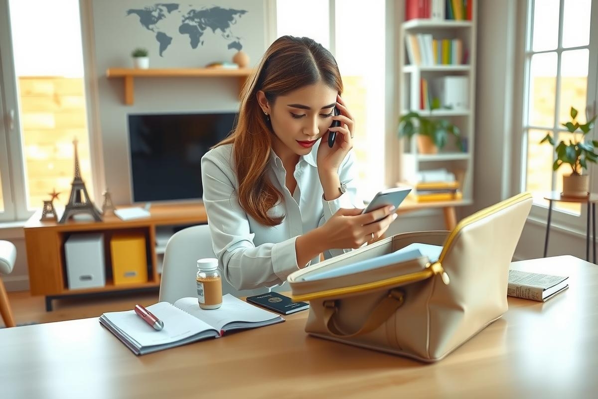 The image shows a woman sitting at a desk in an office environment. She is wearing business attire, including a blouse and pants, which suggests a professional setting. Her attention appears to be divided between her smartphone and a laptop open on the desk in front of her. The room has a modern aesthetic with white walls, a bookshelf filled with books, and ambient lighting that creates a pleasant atmosphere conducive to work.