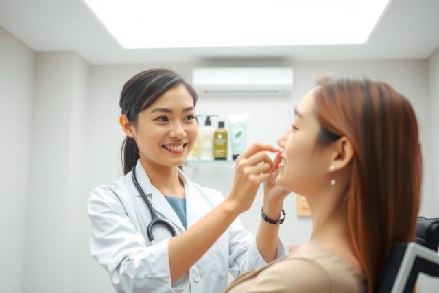 A doctor examines a patient in a medical office. The doctor, wearing a white coat and stethoscope, is checking the patient's mouth. The scene takes place in a brightly lit, modern healthcare setting.