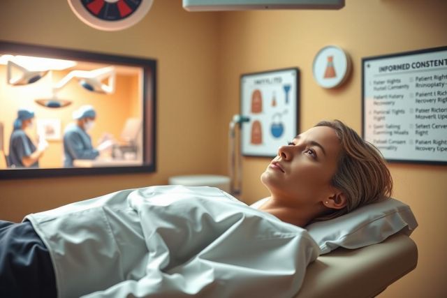 A woman laying on a medical table in a hospital room, possibly during a medical procedure or examination. The room is equipped with various medical devices and instruments.