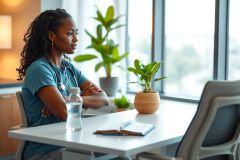 A woman in a blue shirt and stethoscope sits at a desk with a notebook and a water bottle in front of her. The scene takes place in a modern office with plants and a view from the window. Healthcare worker, office environment.