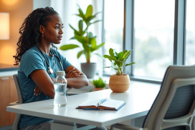 A woman in a blue shirt and stethoscope sits at a desk with a notebook and a water bottle in front of her. The scene takes place in a modern office with plants and a view from the window. Healthcare worker, office environment.
