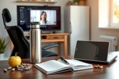 Workspace setup with a tablet, notebook, and water bottle. A video call is visible on screen. Warm lighting highlights a productive home office environment.