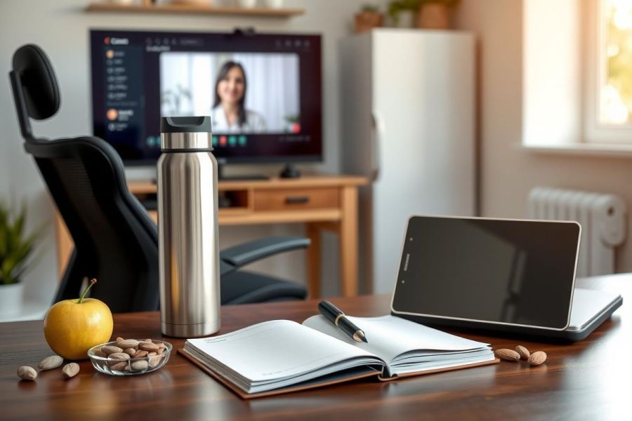 Workspace setup with a tablet, notebook, and water bottle. A video call is visible on screen. Warm lighting highlights a productive home office environment.