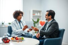 Doctor consults with patient in a bright, modern clinic. The scene features a female doctor reviewing medical results with a male patient, surrounded by healthy fruit and a heart decoration. Focus on healthcare, wellness, and medical consultation.