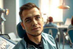 Dentist in a blue medical coat smiles at the camera in a dental clinic. Focus on professional healthcare setting, patient care, and modern dentistry. Blue tones dominate the scene.