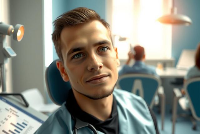 Dentist in a blue medical coat smiles at the camera in a dental clinic. Focus on professional healthcare setting, patient care, and modern dentistry. Blue tones dominate the scene.