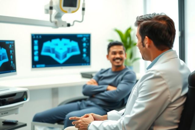 Doctor reviewing X-ray images in a medical office. Focus on diagnostics, healthcare, and radiology.  Bright, modern setting with visible equipment.