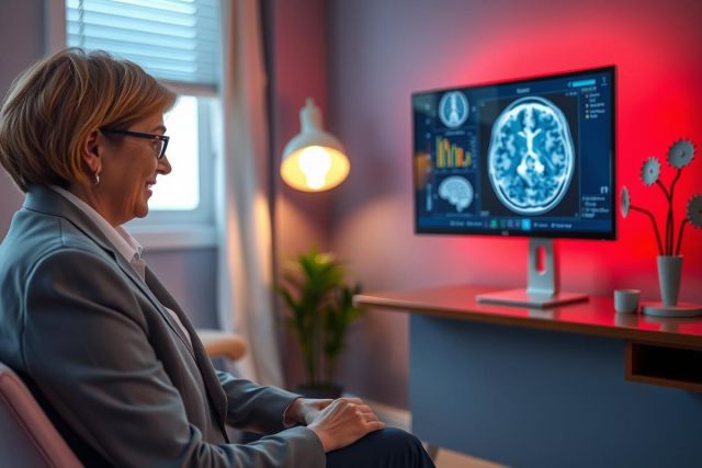 Woman viewing a medical scan, likely an MRI, in a modern office setting. The image features a focused atmosphere and a warm color palette, suggesting a healthcare or diagnostic context.