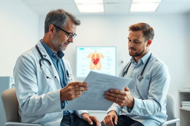 Two doctors in white coats review medical documents in a modern clinic setting. One doctor wears glasses. A human anatomy diagram is visible in the background. Healthcare professionals discussing patient information, likely related to diagnosis or treatment planning.