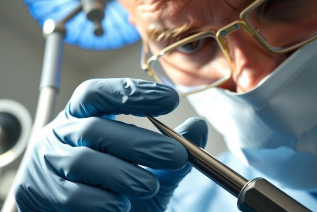Dentist in blue gloves performing a dental procedure with specialized tools, illuminated by a bright overhead light. Close-up shot highlighting precision and focus in a clinical setting.