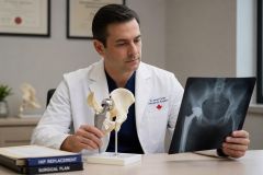 Orthopedic surgeon reviewing a hip x-ray while holding a hip implant model in clinical office.