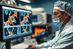 Doctor examines a medical image on a computer screen in a lab setting. Wearing a mask and surgical cap, he analyzes diagnostic data. The image features vibrant colors and a focus on medical technology.