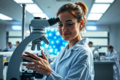 Scientist examining a microscope slide in a laboratory. The image showcases research, biology, and medical science with a focus on blue and white hues. A bright, modern lab setting is visible.