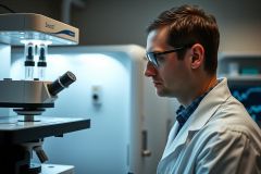 Scientist in a lab coat examines samples under a microscope. The image shows a close-up of a researcher in a clean, modern laboratory setting, highlighting scientific research and analysis.