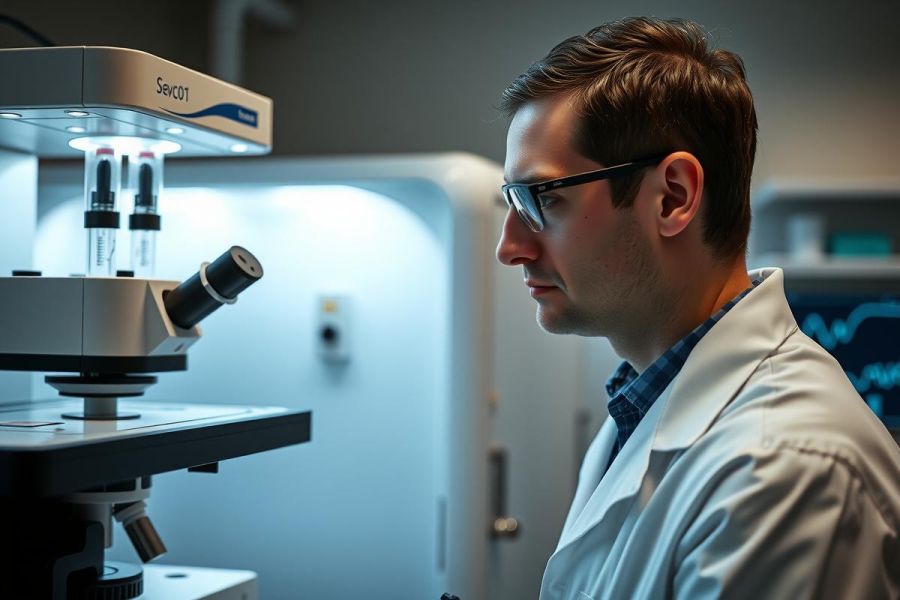 Scientist in a lab coat examines samples under a microscope. The image shows a close-up of a researcher in a clean, modern laboratory setting, highlighting scientific research and analysis.