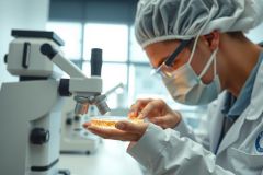 Scientist in lab coat and mask examines a sample in a petri dish. Research, biology, and medical environment. White, sterile setting with bright lighting.